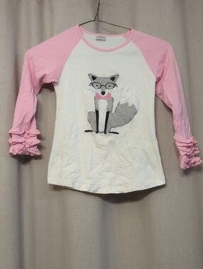 Girls Pink & White Fox Graphic Ruffle-Sleeve Top